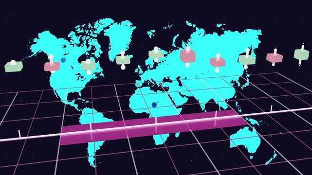 Camera zooming out, cyan map showing nodes, markers forming and lines linking visualizing network