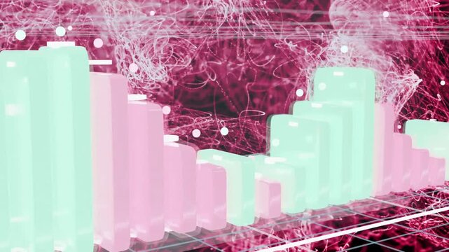 Camera swooping down amid magenta swirls, mint pastel-pink bars rising and stacking, showing trends
