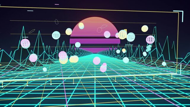 Ribbon appearing, cyan grid and magenta sun sending pastel spheres forward, creating busy midground