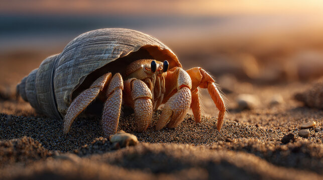 Hermit crab shell sand crustacean marine beach crawling cracked animal wildlife orange brown sea shore nature closeup macro texture summer coastal habitat leg eye claw small ocean tide burrow