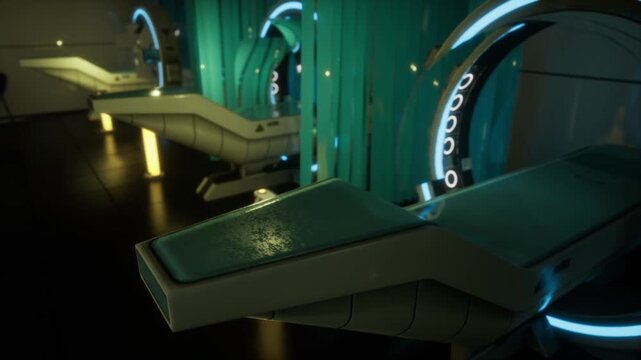 Preservation chamber closeup with scanning ring and bed, cryogenic prep scenario for longterm missions, textured mattress surface, glowing blue halo, polished