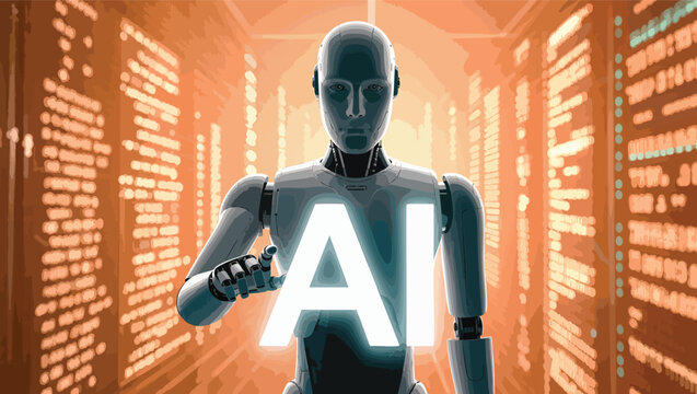 Futuristic humanoid robot with glowing ai in a digital data stream background sci fi concept.