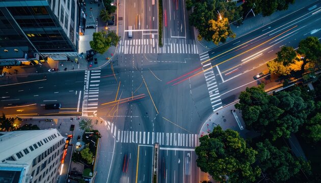 Aerial view of city intersection with night traffic.