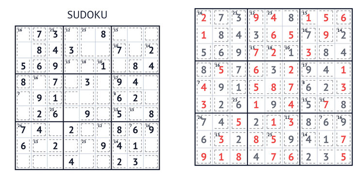Sudoku puzzle with filled and incomplete grids in black and red  