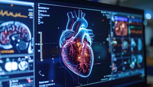 Anatomical heart visualization on hospital computer displays.