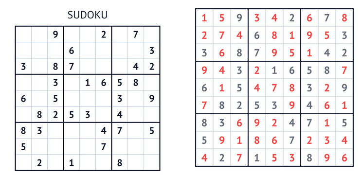 Classic Sudoku puzzle with incomplete and completed grids displayed  