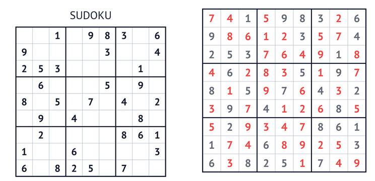 Classic Sudoku game with empty grid and filled puzzle example  