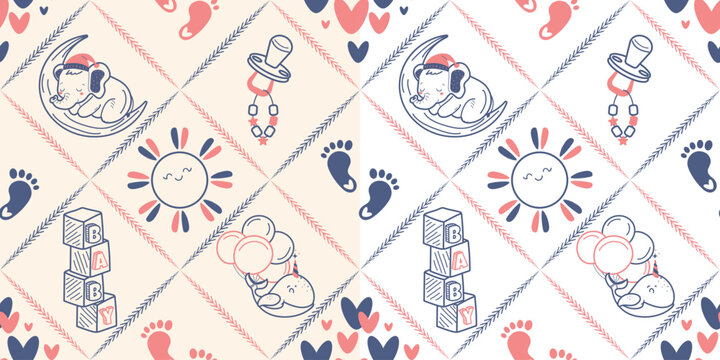 Seamless pattern for decorating children's rooms, bedding, wrapping paper, and more with hand-drawn children's illustrations. Vector design