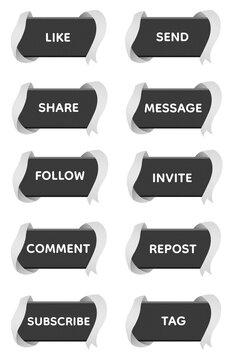 Black White Glitter Ribbon Social Media UI Button Collection with Sparkling Curved Ribbon Frame, Modern Digital Interaction Interface Elements, Monochrome Glossy Social Network Illustration Pack