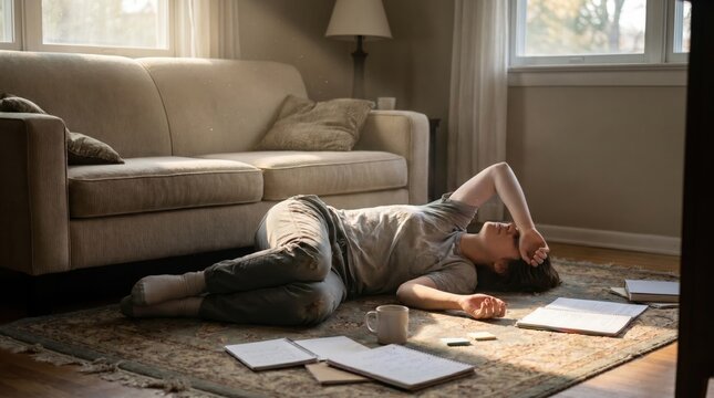 An exhausted young woman lies defeated on a carpet floor next to a sofa with notebooks