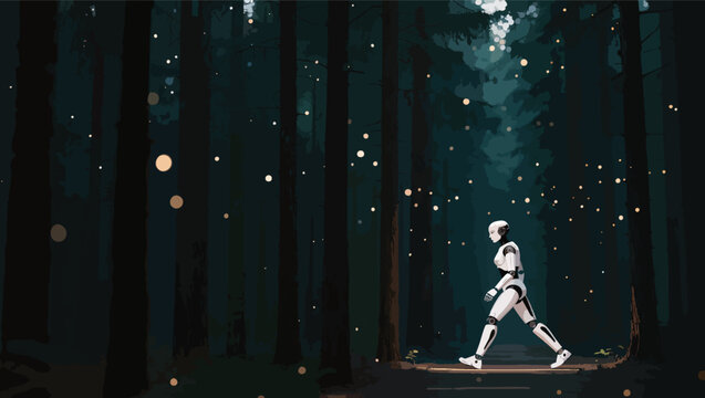 Humanoid robot walking through a dark magical forest with glowing fireflies and tall trees robot.