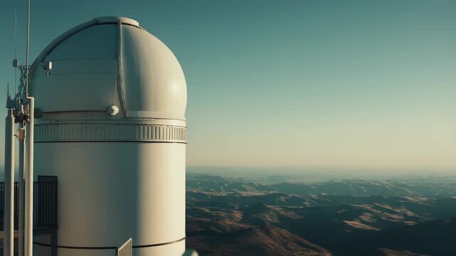 Large white observatory dome standing on a remote mountain peak, providing a vantage point for scientific observation and space research against a clear sky and vast landscape