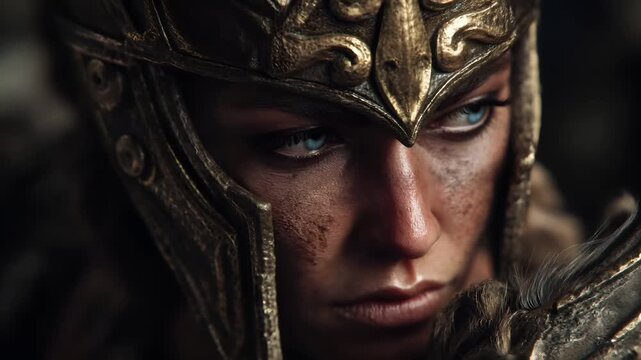 Greek mythology god Athena. Fantasy. A closeup portrait of a warrior, captured in a dramatic and intense style. The warriors face is the main subject, with a focused gaze and intense expression.