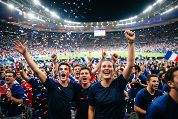 Naklejka premium French Football Fans Celebrating Victory in Stadium
