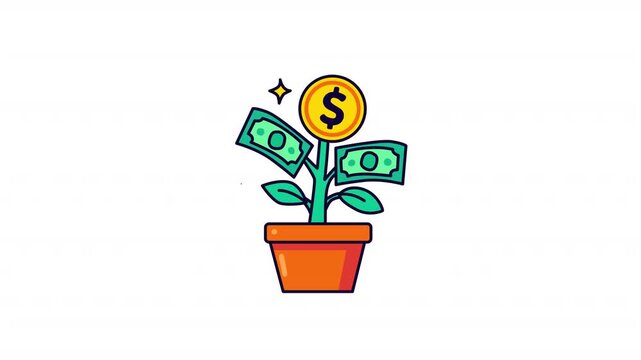cartoon Animated money plant growing with dollar coins, wealth and finance concept on thransparent background