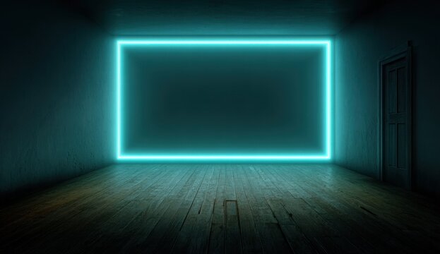 Virtual green screen backdrop for tv studio set with neon frame effect in a modern indoor environment