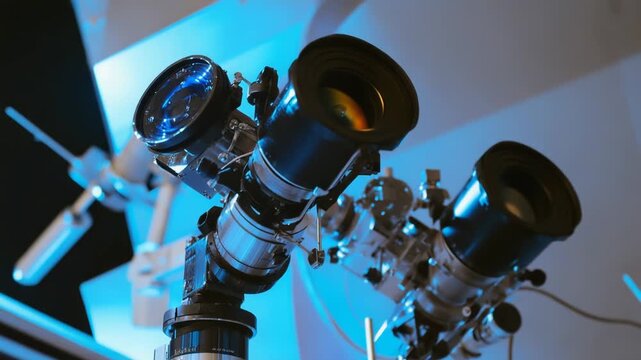 Close up view of optical instruments with multiple lenses and metallic components reflecting a stark blue light, highlighting precision technology and scientific research tools