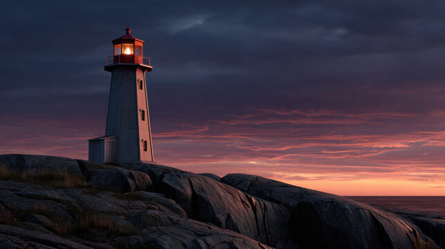 Lone lighthouse on rocky coast at sunset with glowing lantern under dramatic sky