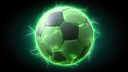 Naklejka premium Soccer ball with glowing green energy and lightning on dark background