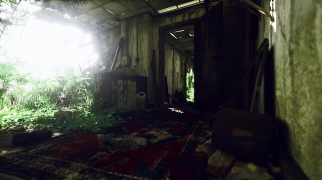 Sunlit doorway leads to greenery, framed by weathered walls and scattered boxes, soft glow highlights textures of worn carpet and cracked frame, plants pushing