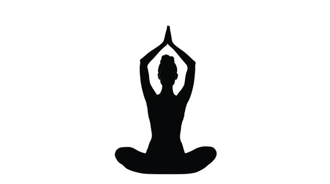Yoga enthusiast sits in a meditative lotus position with hands pressed together in a prayer mudra, rendered as a bold black silhouette that offers versatile usage for spiritual and health content.