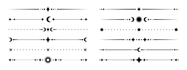 Celestial divider lines set, esoteric astrology decorative borders with mystical crescent moon, stars and sun shapes © Artulina