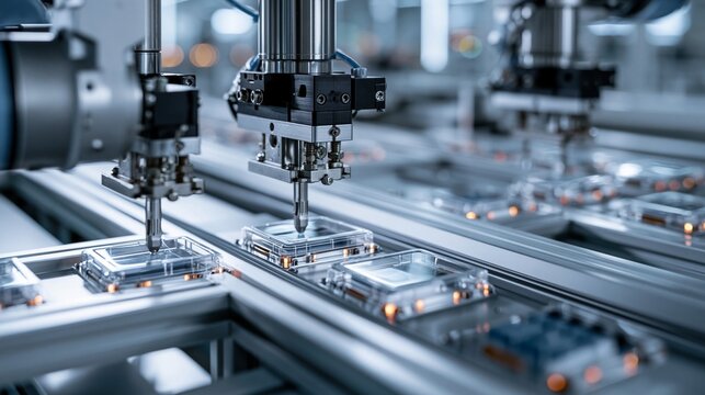 Robotic machinery expertly sealing corner caps on metal structures providing airtight joints with uniform application for improved structural integrity in automated production