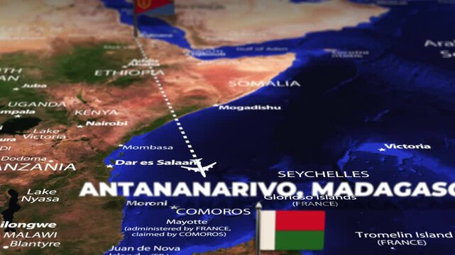 Flight From Asmara ERITREA to Antananarivo MADAGASCAR with flag pins