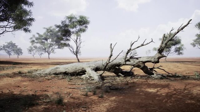 Drought scarred plain with uprooted trunk and sparse vegetation, distant trees ghostlike through haze, scene communicates climate stress and land management