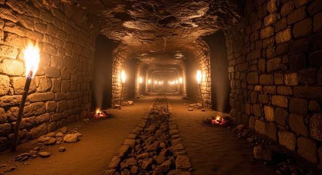 Dark medieval stone tunnel lit by flaming wall torches