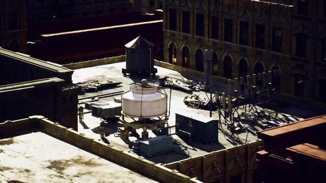 Drone survey above rooftop hub capturing geometry of pavilion and surrounding blocks, aerial imaging for mapping and model creation, high contrast light
