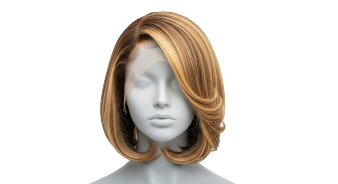A grey mannequin head wearing a shoulder-length, layered blonde bob wig with a visible lace front cap against a solid black background