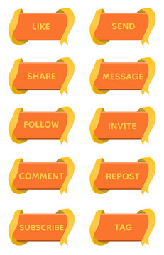 Orange Yellow Ribbon Social Media UI Button Collection with Futuristic Curved Ribbon Frame, Modern Digital Interaction Interface Elements, Glossy Social Network Illustration Pack