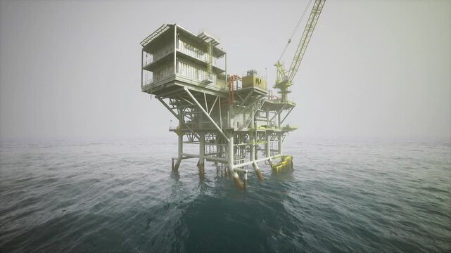 Isolated offshore oil platform rising above choppy sea, foggy horizon, tall steel legs and crane silhouette, helipad and service decks, muted color palette,