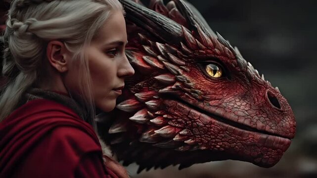 Fantasy wallpaper. A dramatic portrayal of a female character with long, platinum blonde hair styled in a braided updo. She wears a red cloak, and her gaze is directed to the side.
