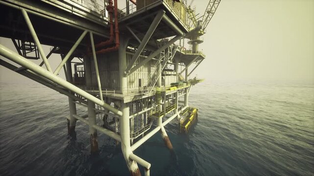 Offshore platform legs and lower structure with mooring and substructure visible, calm open water, moody light creating sense of isolation and scale, industrial