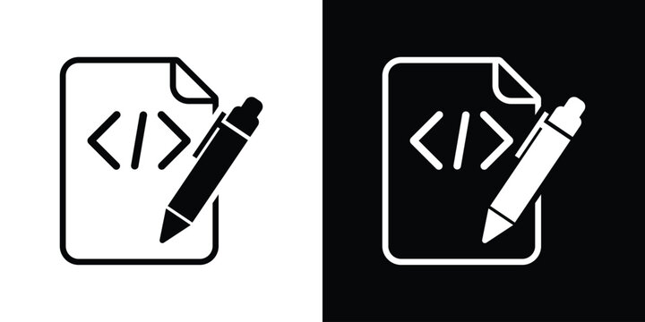 Coding file and pencil icon. Vector illustration of software script editing, code writing, and web programming concept isolated on black and white.