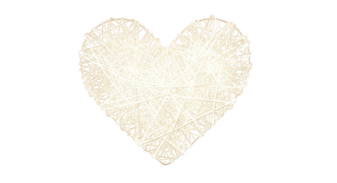 A heart shape made of intertwined white string or yarn, isolated on a solid black background, representing love and craft concepts