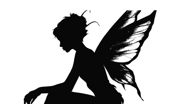 Fairy silhouette depicted in a pensive sitting posture with intricate, textured wings provides an evocative and artistic representation of mythical creatures for creative design projects and stories.