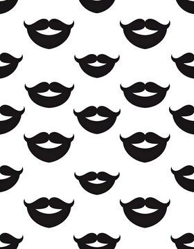 Black Curved Mustache and Beard Icons Repeating on White Background Pattern