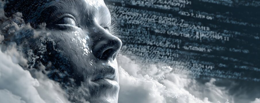 A side view of a human whose face provides a visible link between digital intelligence (the software) and physical technology (the hardware), blending into a robotic or cybernetic structure.