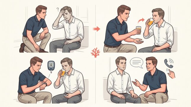 Two men help another man experiencing low blood sugar. They share a drink and discuss the best actions to take for his health.