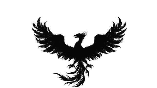 Phoenix silhouette displays intricate feather textures and sharp talons in a dramatic black graphic design that represents mythical rebirth and powerful transformation against a clean white.