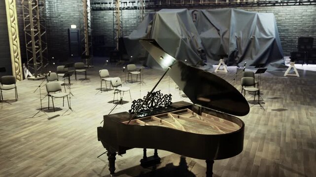 Empty stage spotlighted grand piano center stage, scattered chairs, draped equipment, warm amber light, dust motes, echoes of rehearsal, scene suggests jazz