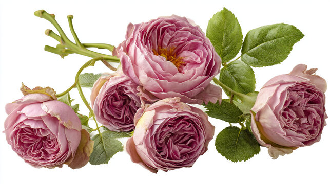 Group of lush pink antique roses with dew drops and green leaves climbing rose tea rose
