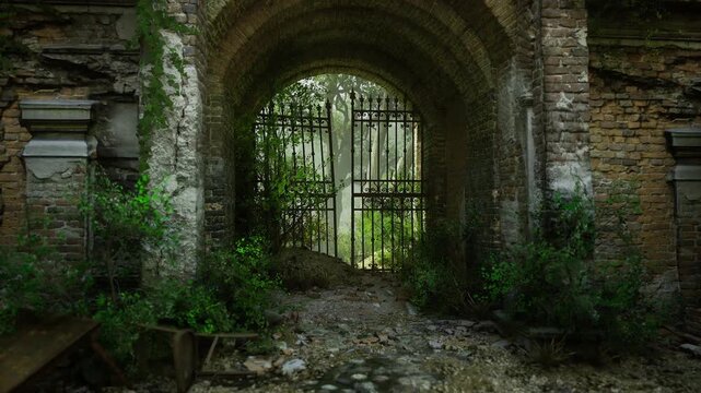 Rusty iron gate inside stone portal, France estate ruin overgrown weeds, cracked ground and dramatic light shaft highlighting cinematic decay and travel