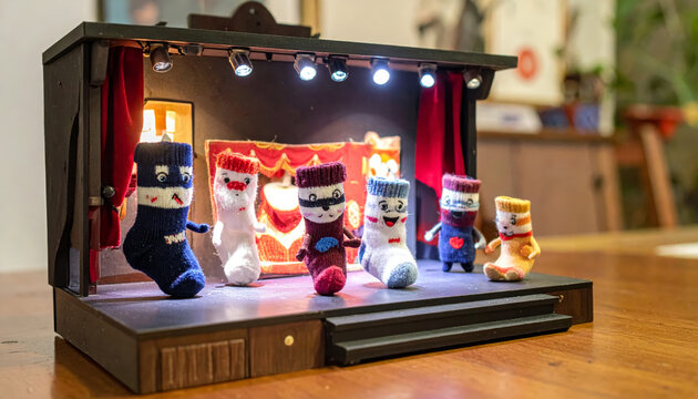 A Whimsical Sock Puppet Theater Performance Featuring Adorable Knitted Characters on Stage