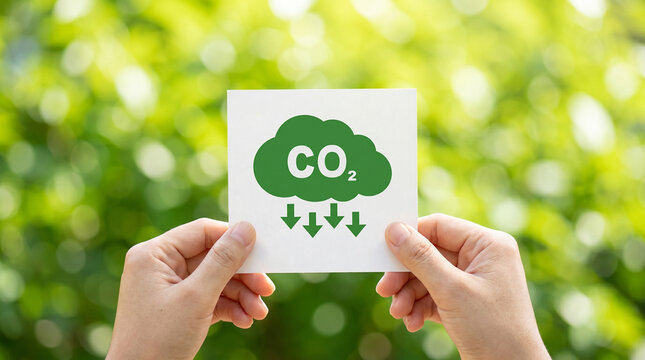 Green CO2 card outdoors, symbolizing carbon offset, climate protection, and sustainable development.