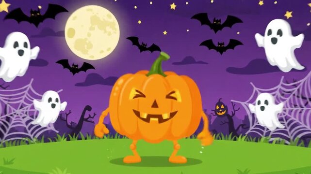 Cute animated Halloween pumpkin mascot dancing in a spooky night scene featuring friendly ghosts, bats, a full moon, spider webs, and festive Halloween decorations.