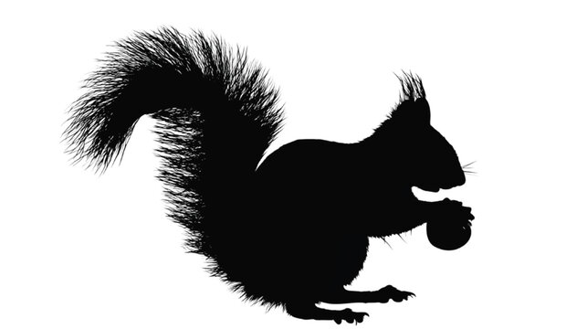 Squirrel silhouette stands out with a dark textured coat against a bright white background while holding a small nut in its paws, creating a striking monochromatic design for various artistic.